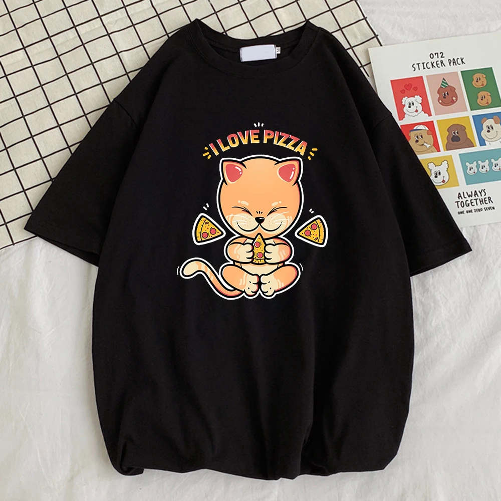 

Little Greedy Cat Who Likes To Eat Pizza Printed Man T-Shirt Street Oversized Tshirts Sport O-Neck T-Shirts Style Loose Men Top