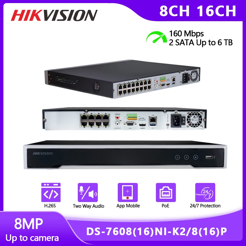 

Hikvision Dual-OS Desig 4K NVR DS-7616NI-K2/16P Two-way Audio 16CH H.265 8MP POE Up to 32 IP Cameras Live View Storage Playback