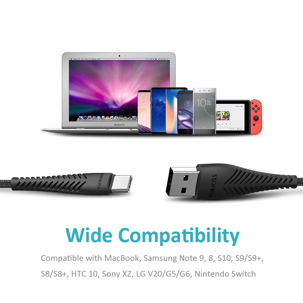 ROMOSS 2 шт./лот Кабель с разъемом usb-c Type-C кабель для быстрой зарядки 3 0 USB передачи