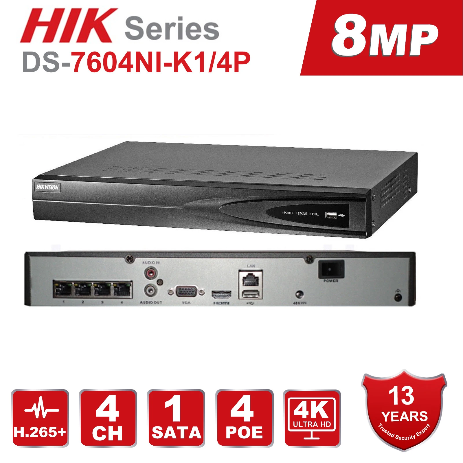 Hikvision 4CH PoE NVR DS 7604NI K1/4 P 4 канальный встроенный Plug Play 4K с портами для ip камеры