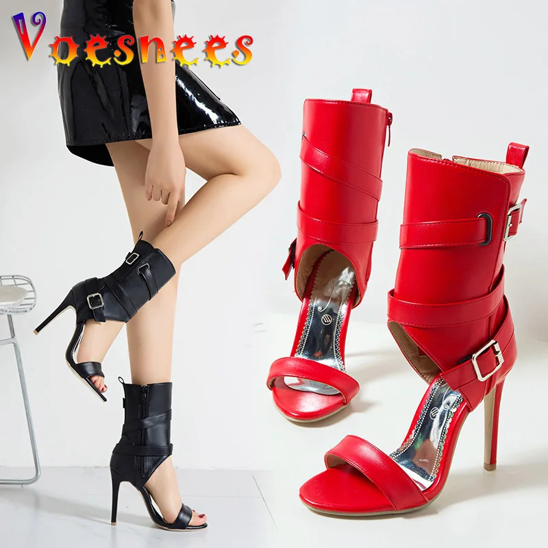 2021 Summer New Open-Toe Women Stilettos Fashion Hollow Out 10CM Buckle Strap Design High Heel Shoes Middle Tube Zipper Sandals