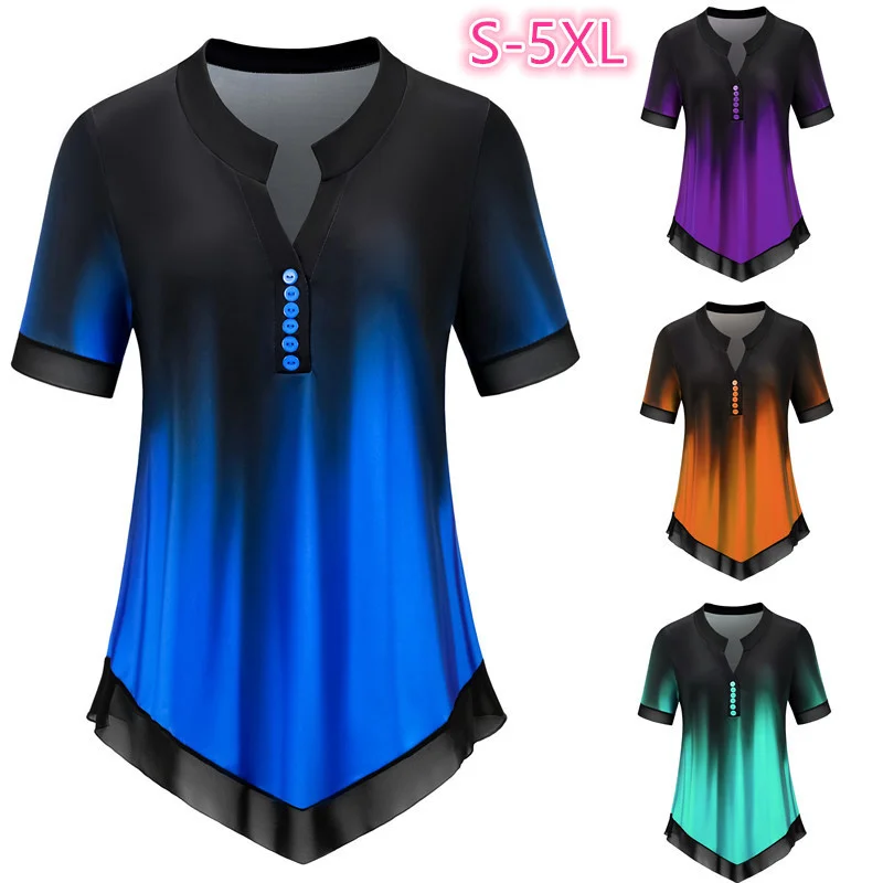 

Women's 2021 New Round Neck Gradient Printed Button Large Short Sleeve T-shirt