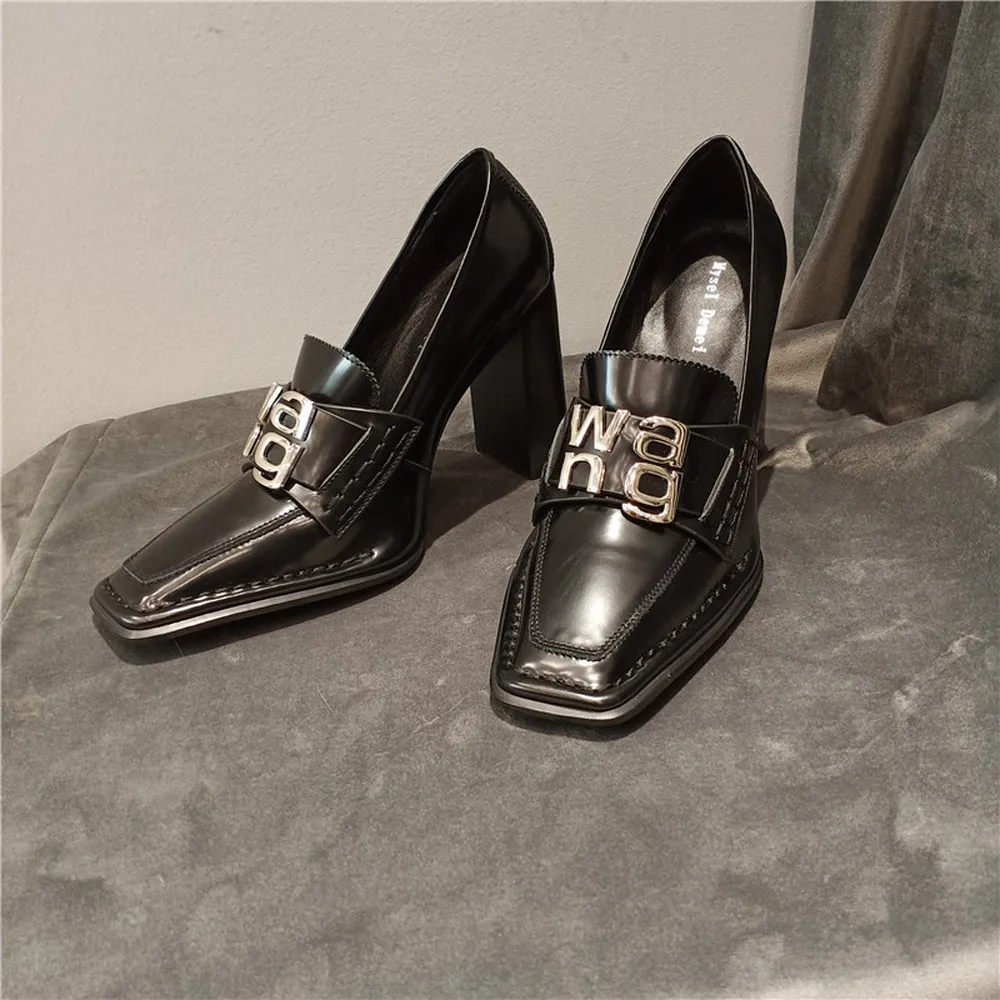 

Womens Genuine Leather Square Toe Metal Decor Wingtip Block Heel Casual Shoes Creepers OL Career Fashion 2021 New