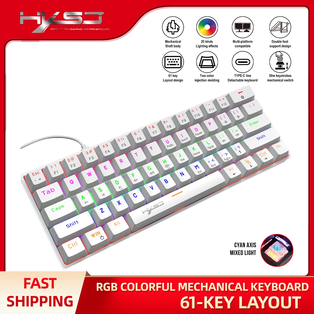 gaming mechanical keyboard blue red switch 61 key wired keyboard anti ghosting rgb mix backlit led usb for gamer pc laptop free global shipping