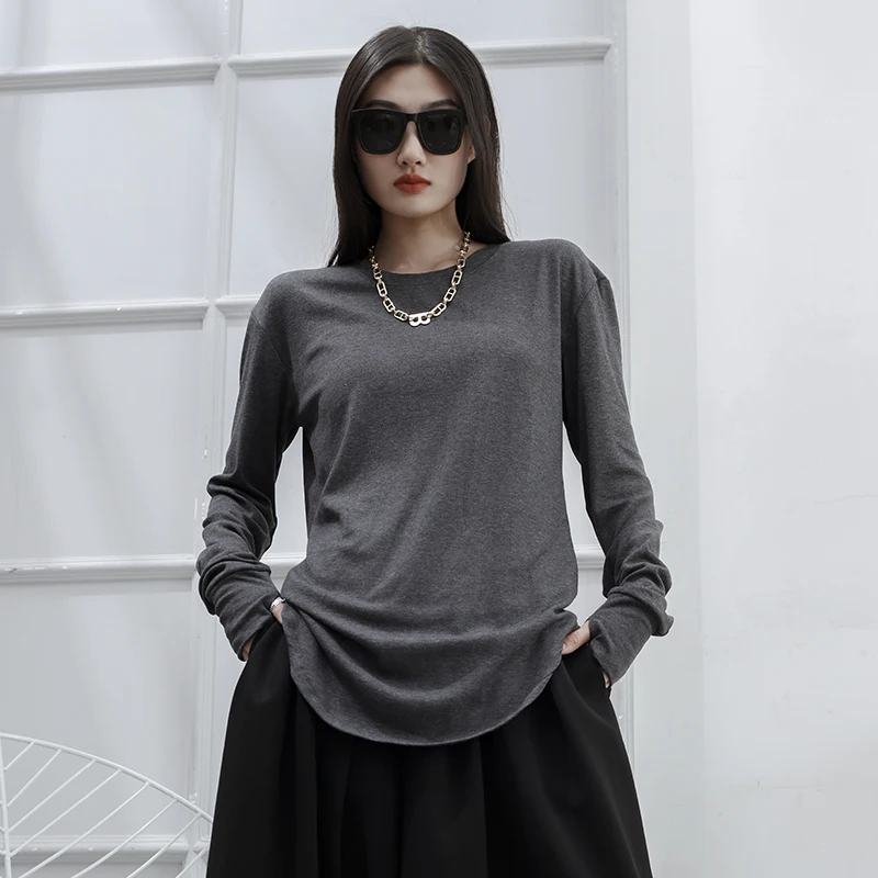 

2021 Spring and Summer New Black White Dark Gray Medium Length Round Neck Mitten Loose Long Sleeve T-shirt for Women Clothing
