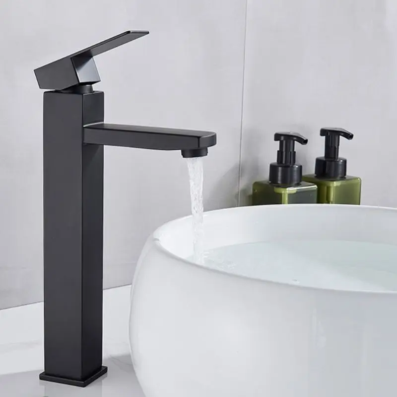 

Bathroom Black Paint Square Basin Faucet Single Handle Washbasin Stainless Steel Hot Cold Water Mixer Tap Deck Mounted Faucets