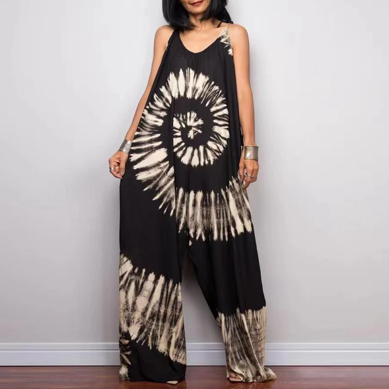 

Tie Dye Women's Wide Leg Jumpsuits 2021 Summer Ladies Sleeveless Sling Jumpsuit Female Casual Print Loose Rompers