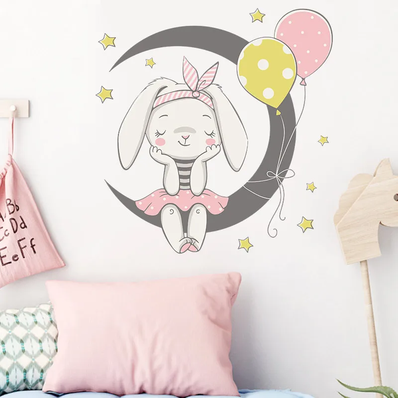 

Cartoon Moon Rabbit Balloon Little Girl Bedroom Commercial Beautification Decorative Wallpaper Sticker