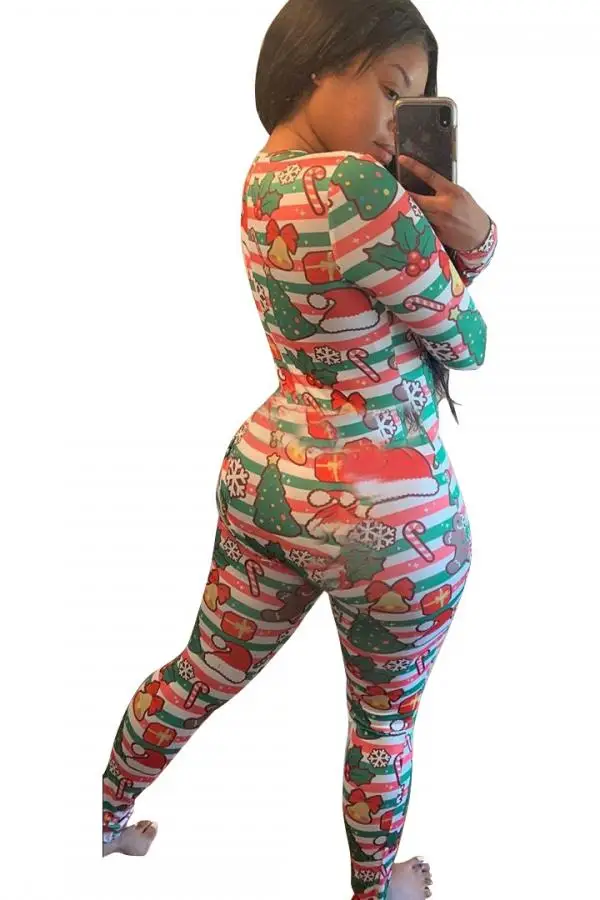 

Women Long Sleeve Jumpsuit Fashion Xmas Print V Neck Buckle Skinny Romper Fashion Female Home Wear Sexy Christmas Jumpsuit