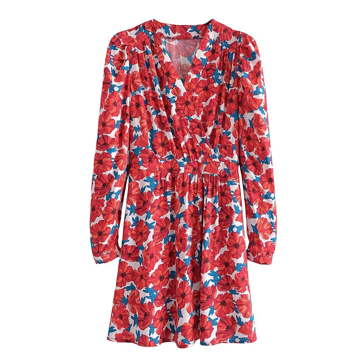 

Flower Print Mini Dress Women V-Neck Long Sleeve Elastic Waist Fashion Female New Short Dress Spring 2022