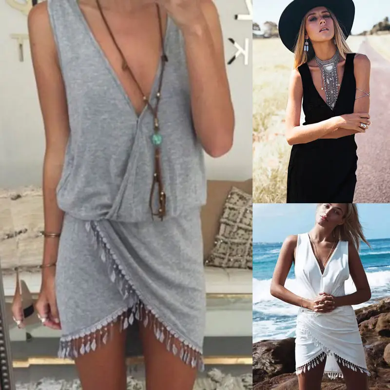 

2021 Sexy Bikini Cover Up Women Deep V-neck Beach Dress With Tassel Beachwear Swimwear Solid Tunic Sarong Summer Dress