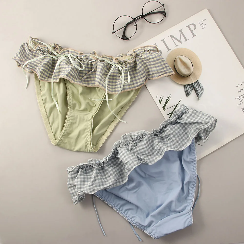 

Japanese Girls Lovely Underwear Women's Cotton Panties Plaid Girl's Underpants Low Waist Seamless Briefs Female Sexy Lingerie
