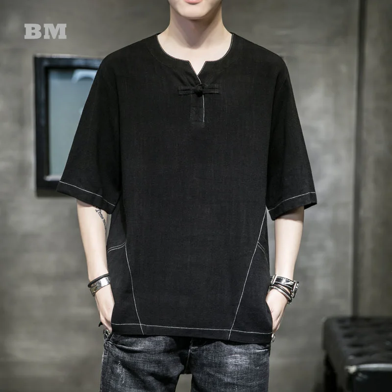 

Summer Linen T Shirt 2021 Chinese Style Short Sleeve Plus Size Thin Top Loose Solid Color Tang Suit Harajuku Men Clothing