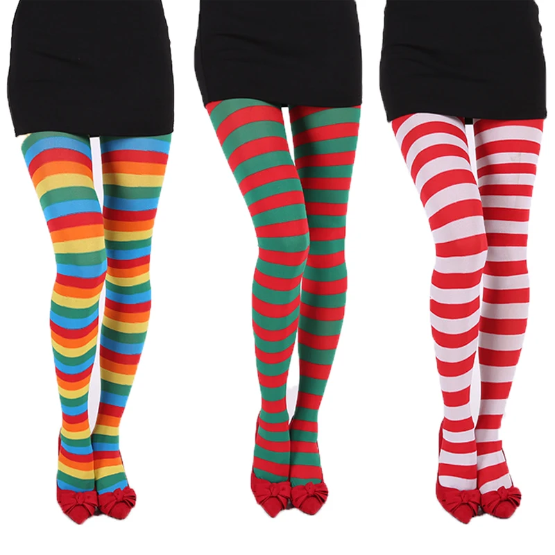 Новые рождественские колготки женские пикантные разноцветные в полоску для