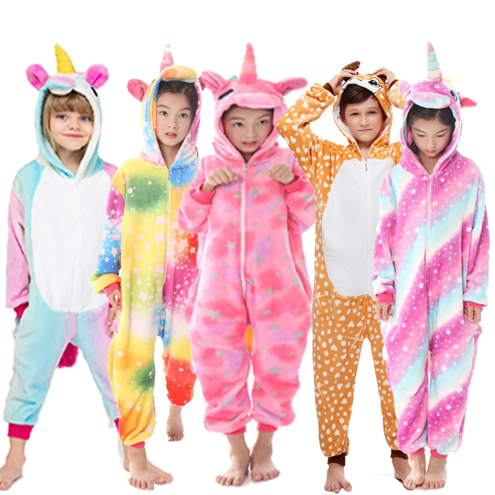 Детские зимние пижамы кигуруми пижамные комплекты с единорогом пандой