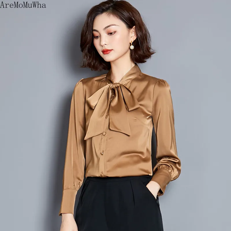 Шифоновая рубашка со шнуровкой и большим бантом с длинными рукавами женская из