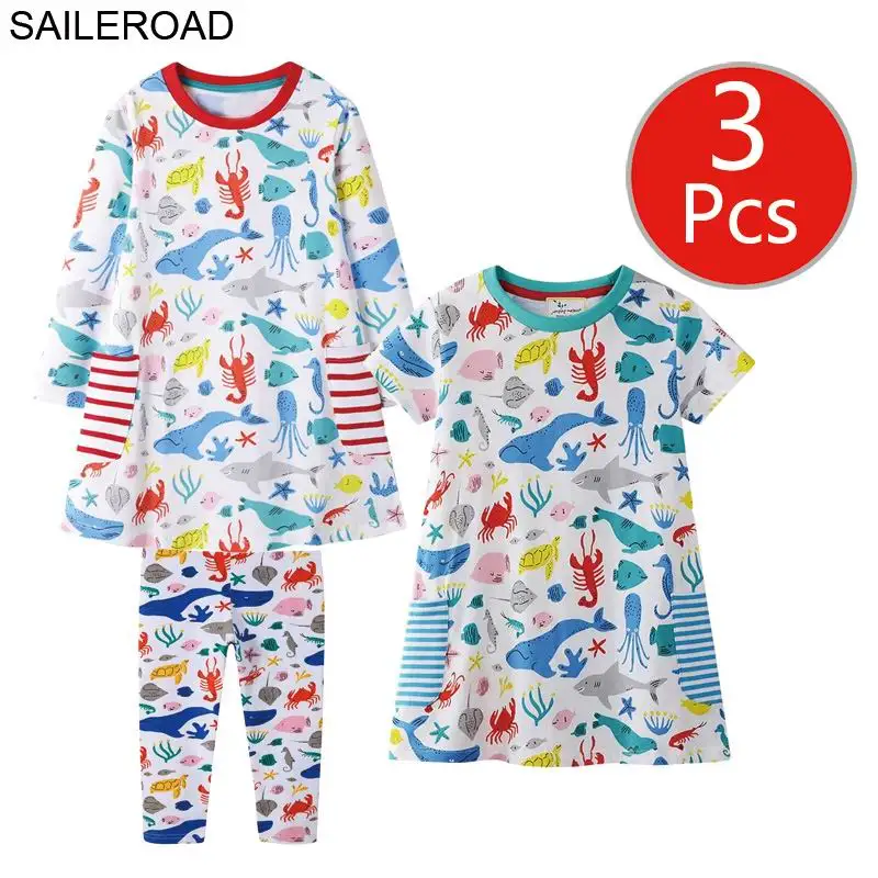SAILEROAD Девушки Мода 3 шт. Детская Одежда Набор Платье Леггинсы Наряды на Лето Осень Малышей Платья Партии Костюмы - Цвет: 7135-6327-1118 photo