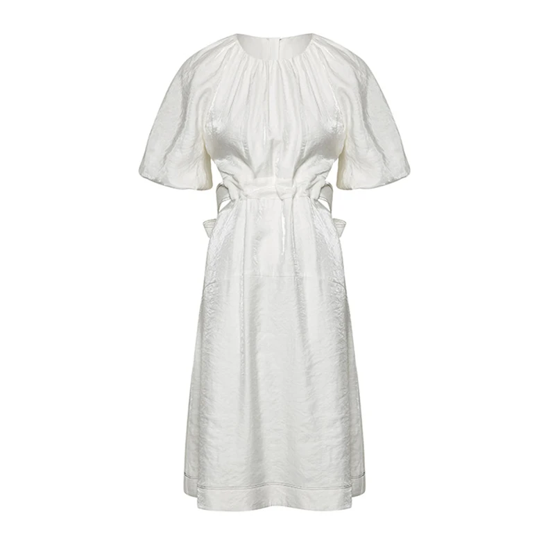 

OLOMM Elegant Long Dress Open Back Lace Puff Sleeve White Pearlescent Fabric Casual Vintage Fashion Women's Clothing