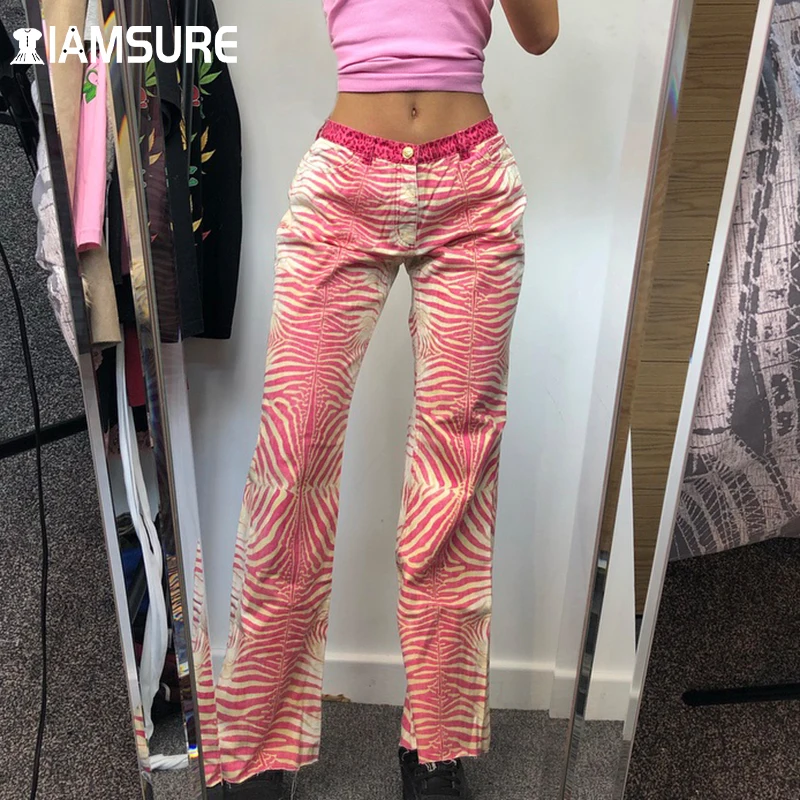 

IAMSURE Sweet Cute Striped Straight Pants Women 2021 Casual Low Waisted Capris Pink Y2K Fashion Trousers Ladies Preppy Style