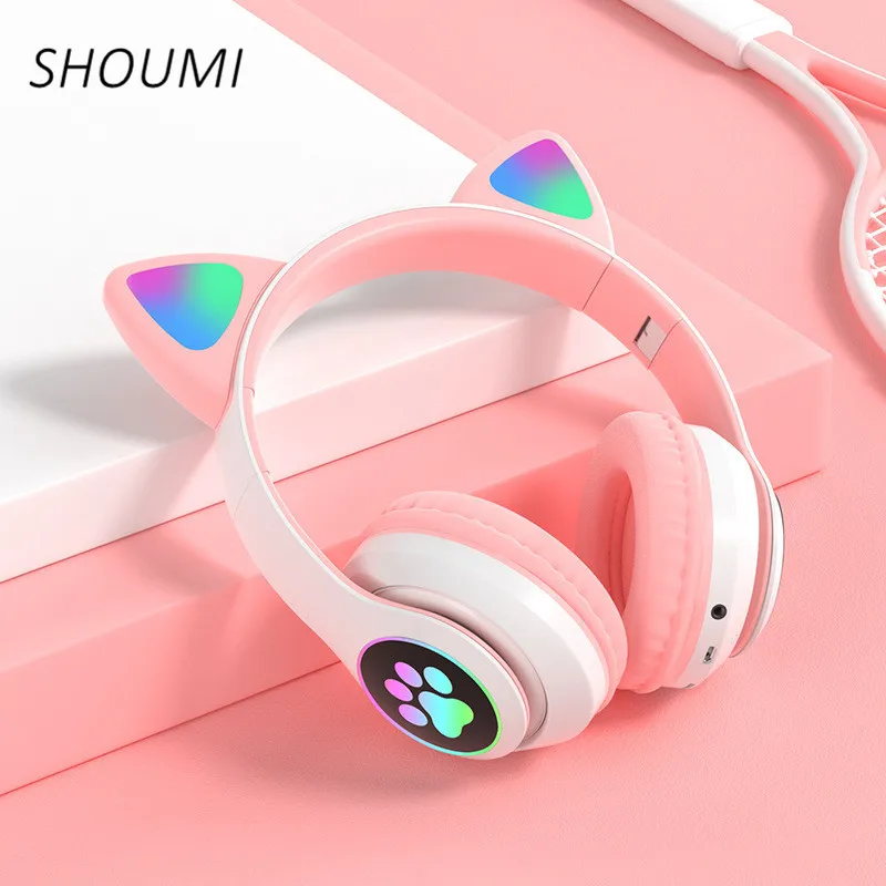 Bluetooth sem Fio Fone de Ouvido Fones de Ouvido Gamer com Microfone Fones de Ouvido para Crianças Presente da Menina Capacetes Tf-cartão Player Cat Ear para Crianças Mp3 Led