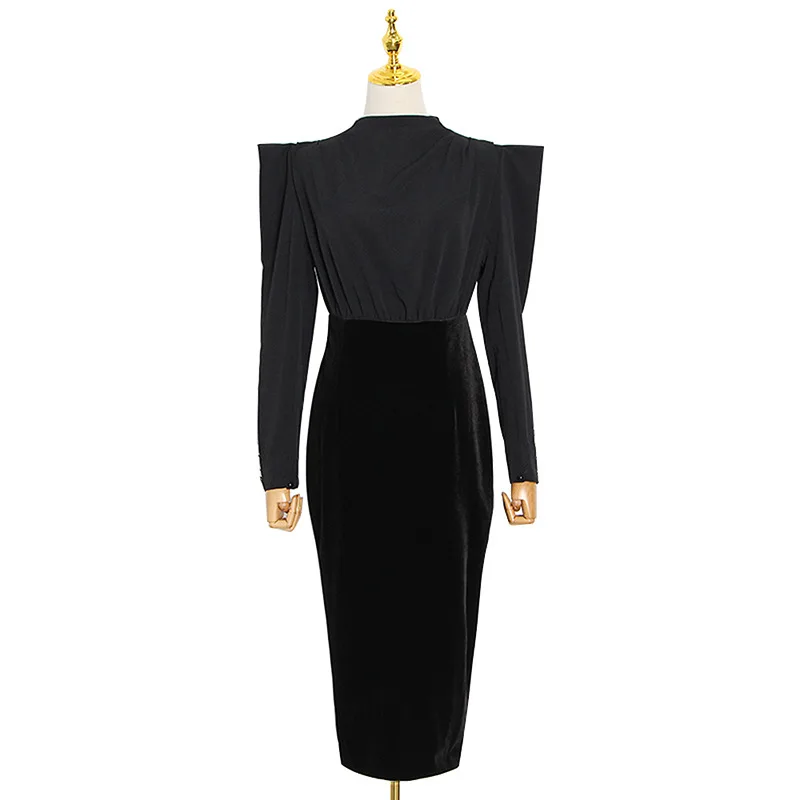 

Australia Brand Spring Autumn 2021 New Temperament Stand Collar Long Sleeve Slim Mid Length Dress Women Patchwork Dresses VGO9