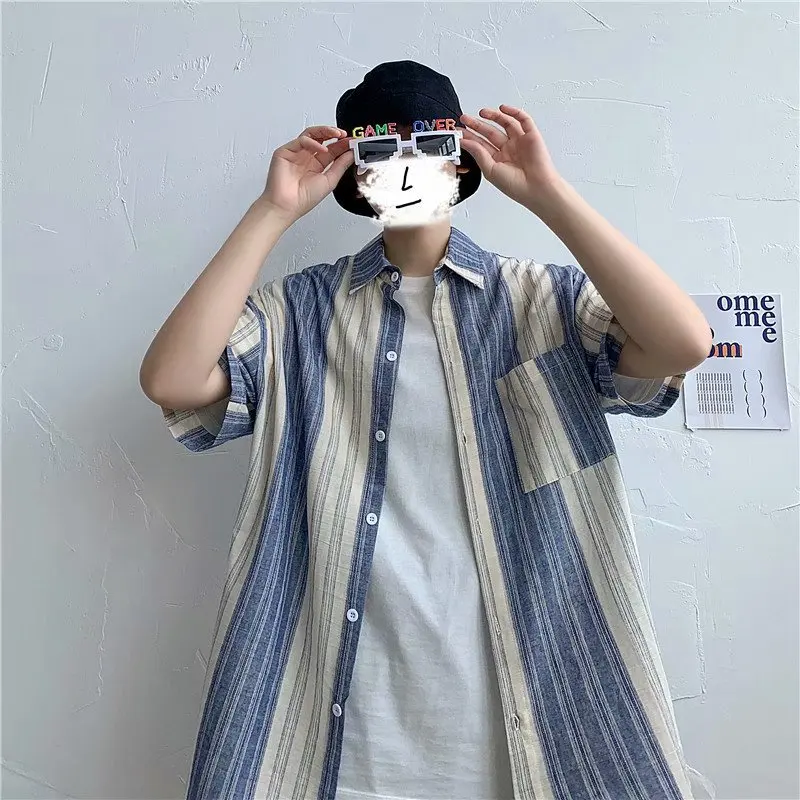 

Рубашка мужская тай-дай ins в Корейском стиле Модные свободные повседневные универсальные короткий рукав рубашка ruffian красивый Половина рук...