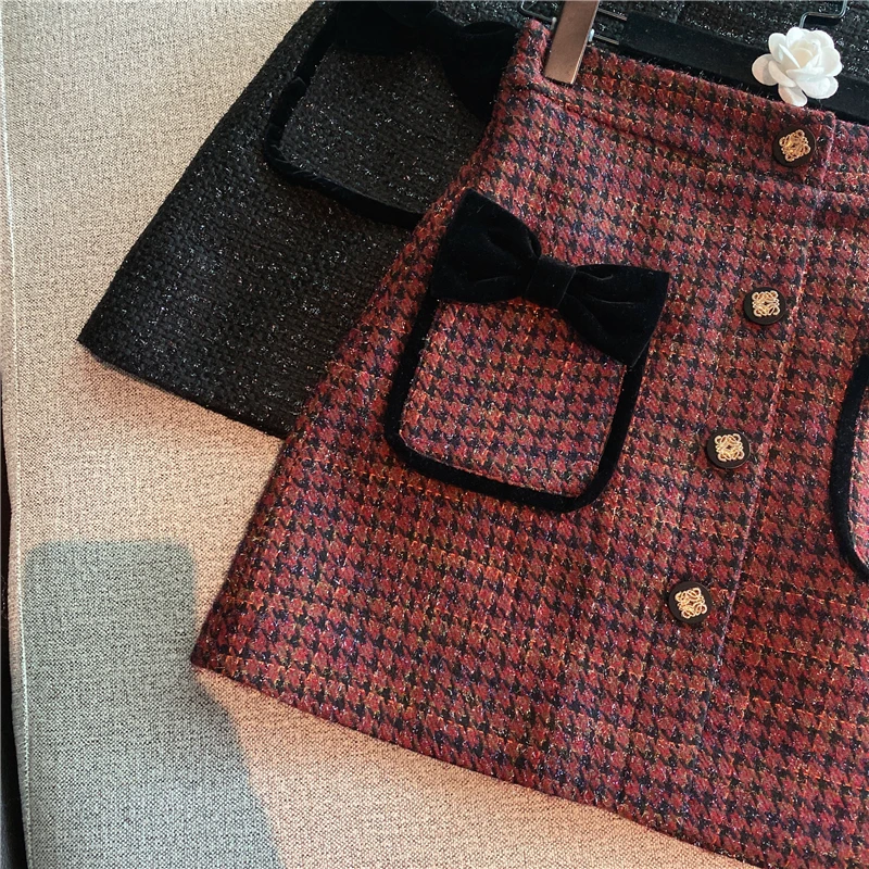 

2020 Autumn Winter Women New Fashion Double Pocket Bow Decoration High Waist Plaid Mini Skirt Slim Woolen Skirt