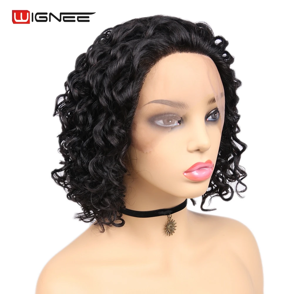 Wignee парик из натуральных волос на кружевном переде, короткий, стриженый, кудрявый, для женщин, натуральный черный/Омбре, коричневый, парики из человеческих волос для афро-американских