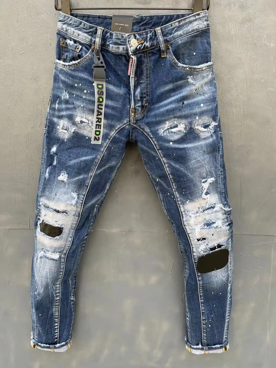 

New DSQUARED2 Men's/Women's Ripped Splicing Jeans, Fashion Washed Frayed Patch, Paint Made Old Stretch Pants