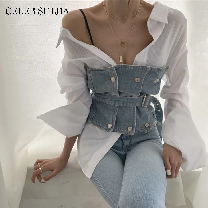 Женская летняя сексуальная рубашка без бретелек Топ с поясом джинсовый жилет