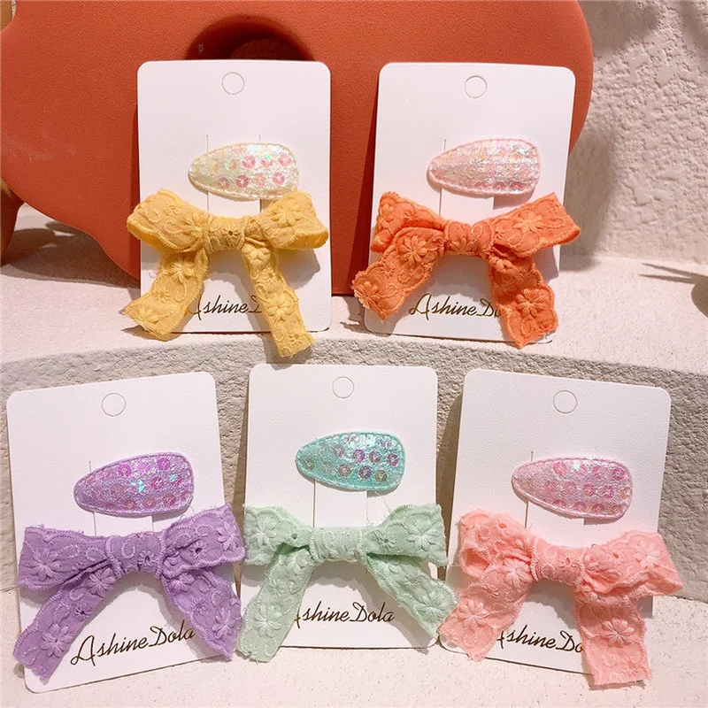 

New Korean Sweet Girl Princess Beautiful Embroidery Flower Fabric Bow Duckbill Clip Fashion Children's Sequins BB Clip Headdress