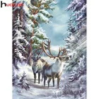 Алмазная живопись Huacan, Зимний лес, квадратнаякруглая вышивка, мозаика с оленем, домашний декор