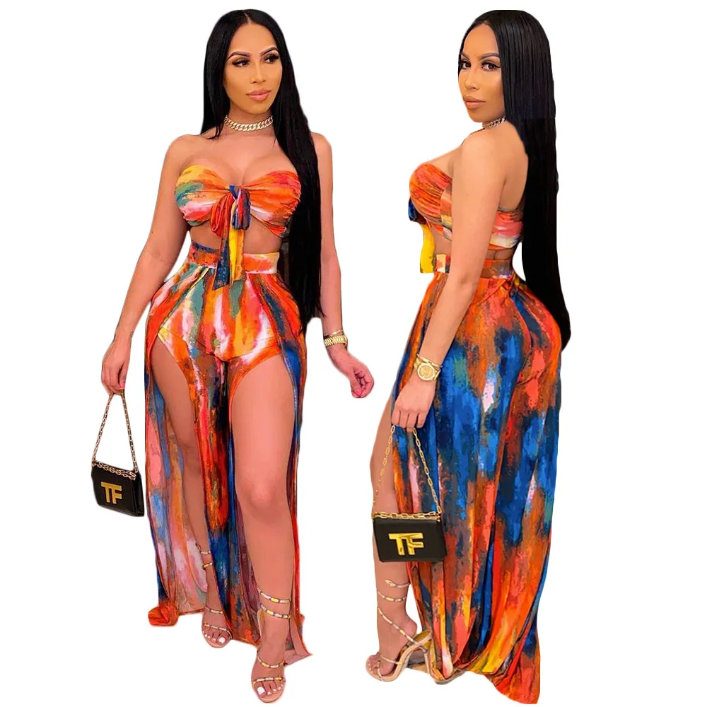 

2021 summer new printed tube top sexy two-piece suit plus size two piece sets skirt and top set two piece set