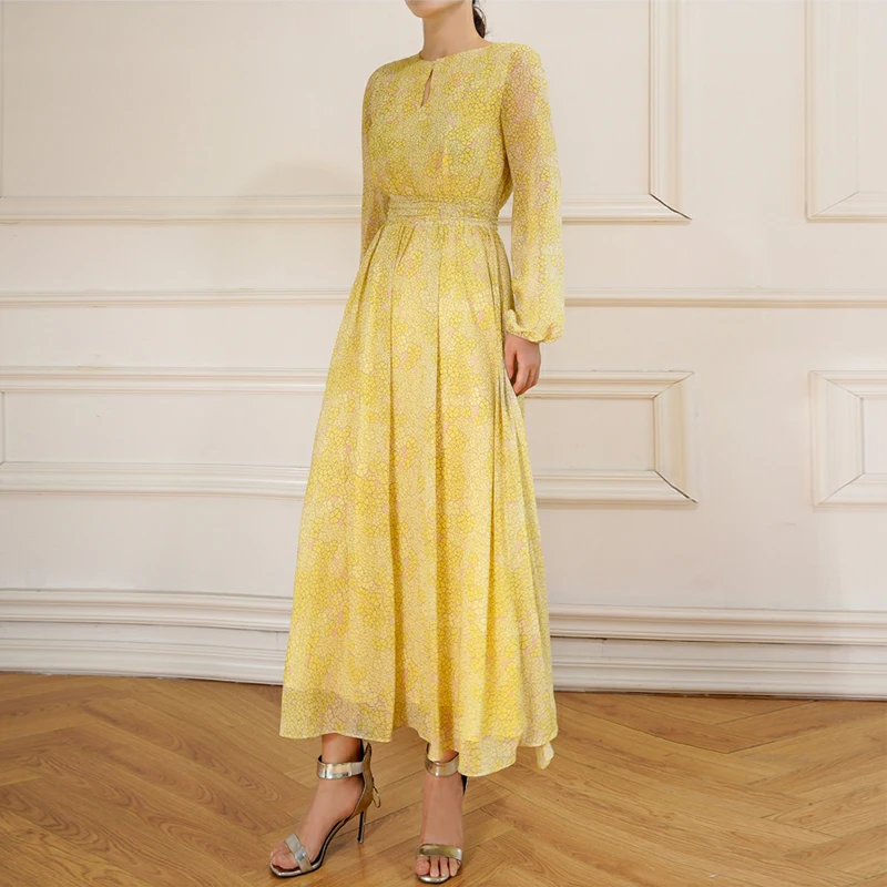 

Runway New Designer Fashion Spring Autumn Women's High Quality Floral Print Elegant Long Sleeve Gorgeous Casual Party Midi Dress