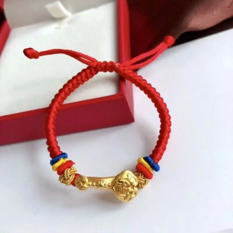 

Fine Pure 24Kt Yellow Gold Fu Ruyi Bead with Red Cord Bracelet from 16cm to 20cm Best Gift