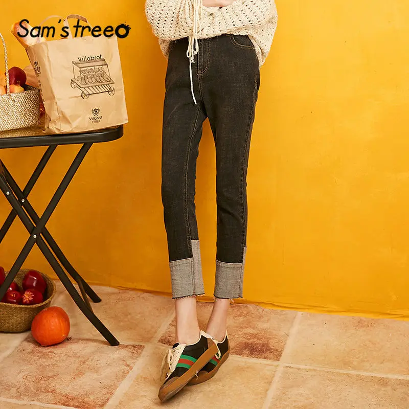 SAM'S TREE/черные однотонные Цветные Лоскутные джинсы с высокой талией для женщин, осень, эластичные повседневные офисные женские обтягивающие брюки