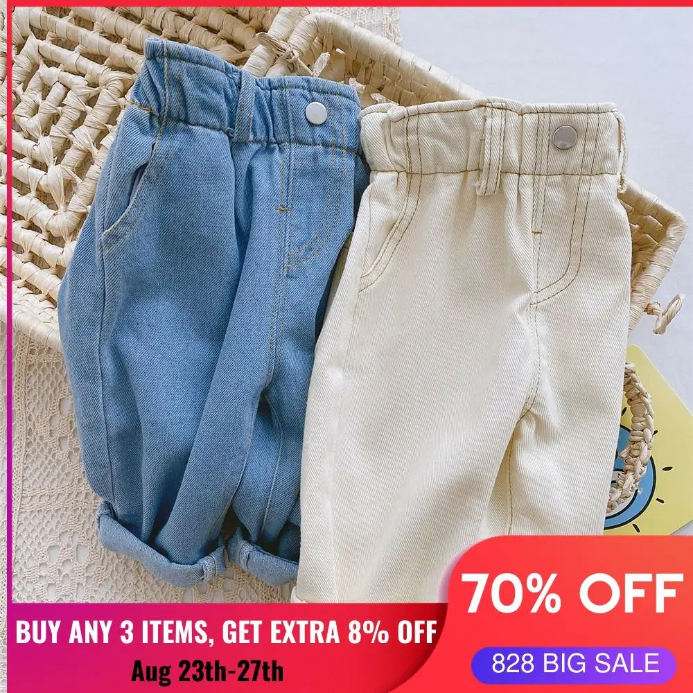 Джинсы с высокой талией для маленьких девочек детские штаны джинсовые синего