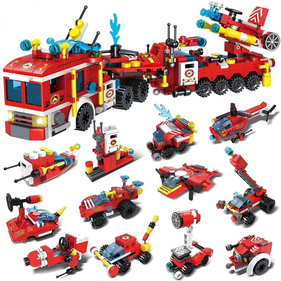 

670 Pieces of Fire Truck Bus Station Helicopter Ship Building Blocks City Firefighter Toy Children