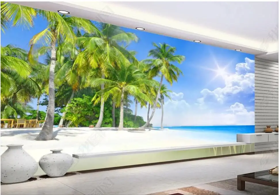

3D-обои на заказ, украшение для стен в рулонах, солнечный морской пляж, кокосовые деревья, декор для гостиной
