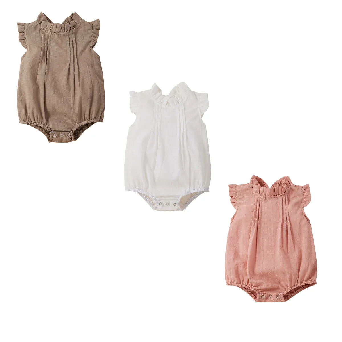 

2021 NEW 0-18M Summer Infant Baby Girls Bodysuits Solid Color Pleated Flying Ruffled Sleeve Crotch Button One-piece Jumpsuits