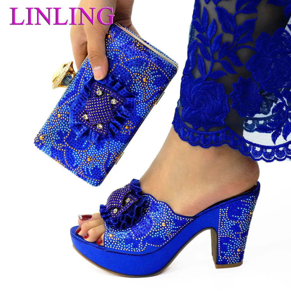 

Slippers Latest High Quality Italian Designer Shoes And Bag To Match African Party With Matching Bags Set in Royal Blue Color
