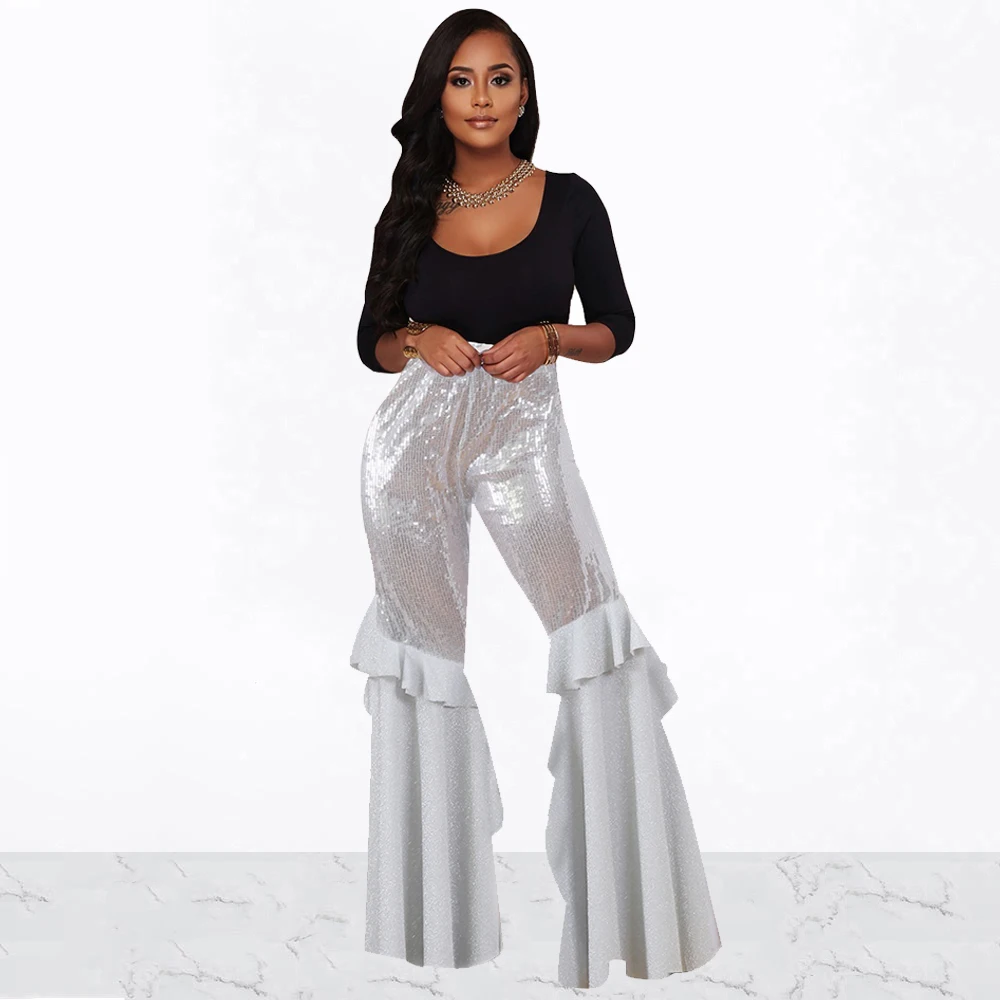 

Autumn Women High Waist Sequined Ruffles Trousers Sexy Fashion Solid Color Wide Leg Pants Party Night Club Plus Size Trousers