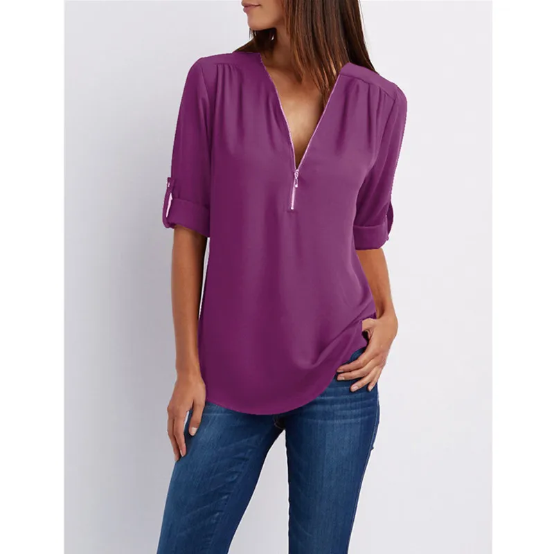 

Summer Ms Blouse European and American Solid Color Wild V-neck Zipper Long-sleeved Loose Large Size Chiffon Shirt Blouse Women