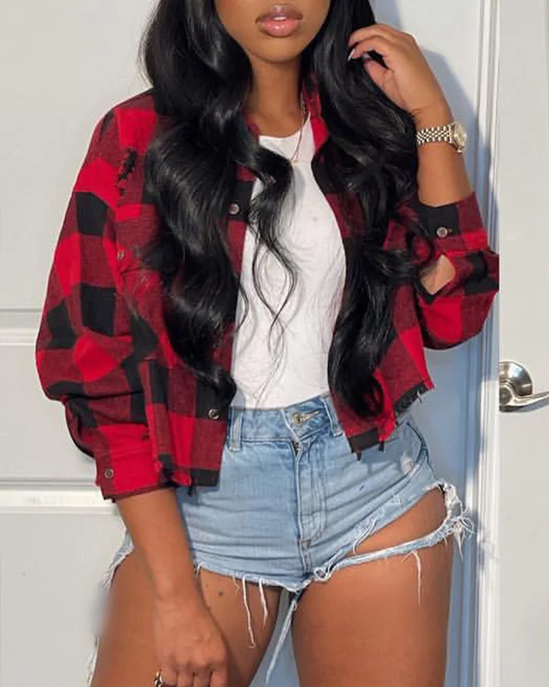 Ninimour Autumn Women Classic Plaid Print Button Front Coat 2022 New y2K Femme Casual Ripped Shacket Lady Outfits Clothing button front plaid print pants