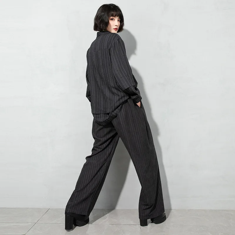 

Dark Black 2021 Spring New Elastic Waist Black Wide Leg Pants Fashion Brand BF Pants Female Women Retro Striped Trousers
