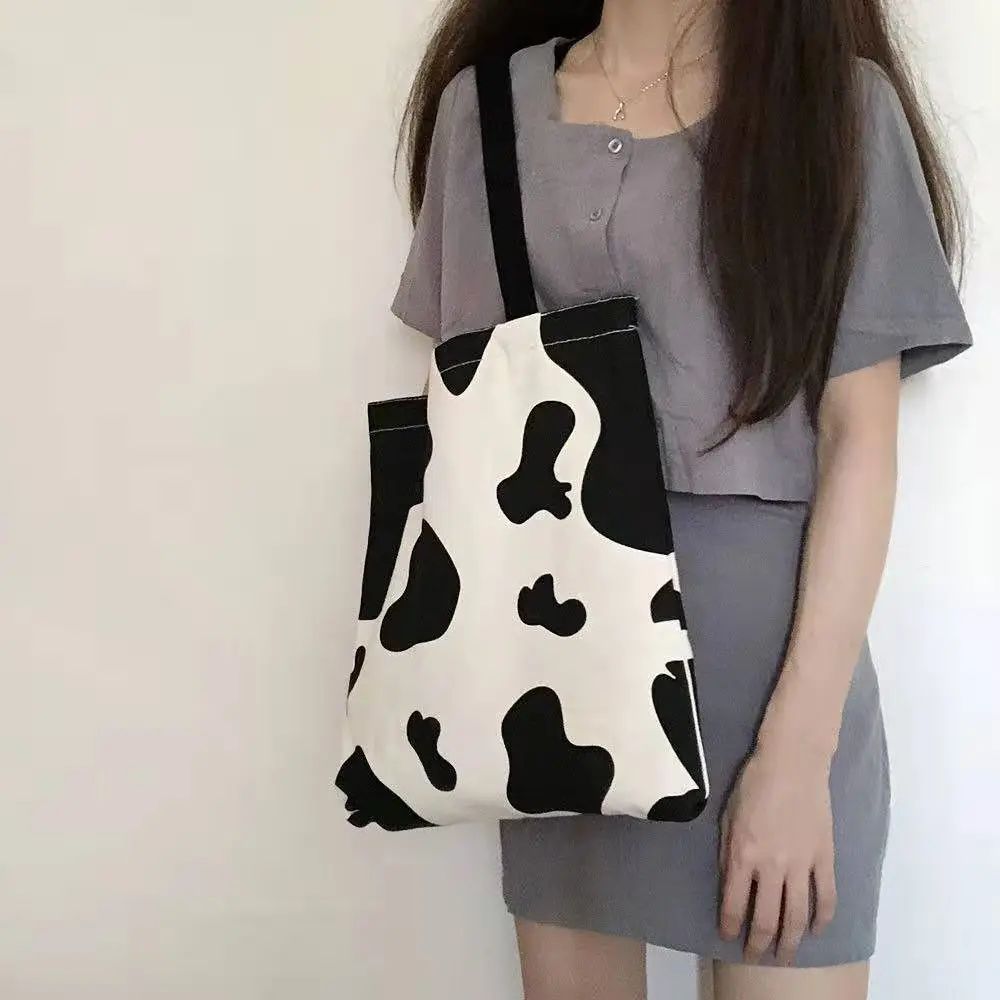 

Shopping Bags Women Cow Color Canvas Harajuku Sweet Girls Korean Leisure Popular Simple Chic Shopper Female Utility Lady's Bag