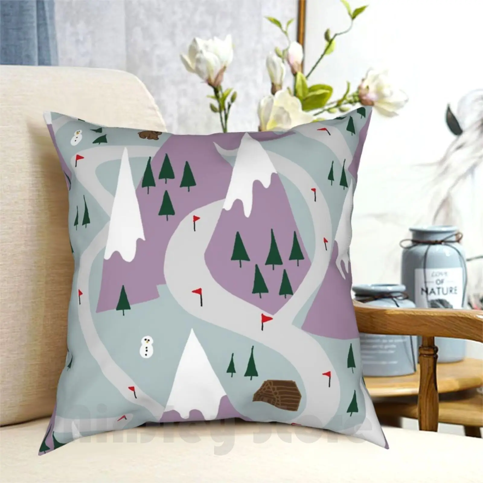 

Ski Slopes-Grey Pillow Case Printed Home Soft Throw Pillow Ski Skiing Mountain Ski Slopes Cabin Bear Woods Snowman