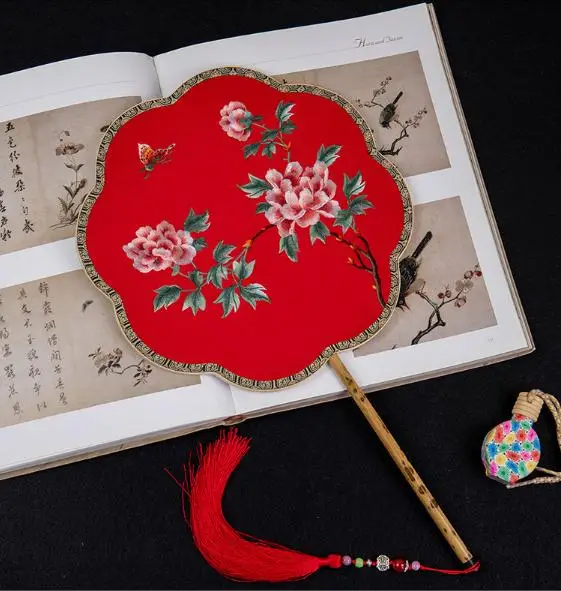 

Большой Круглый Китайский Шелковый Ручной Веер под старину с двойной вышивкой, различные узоры, Свадебный костюм, танцевальный костюм