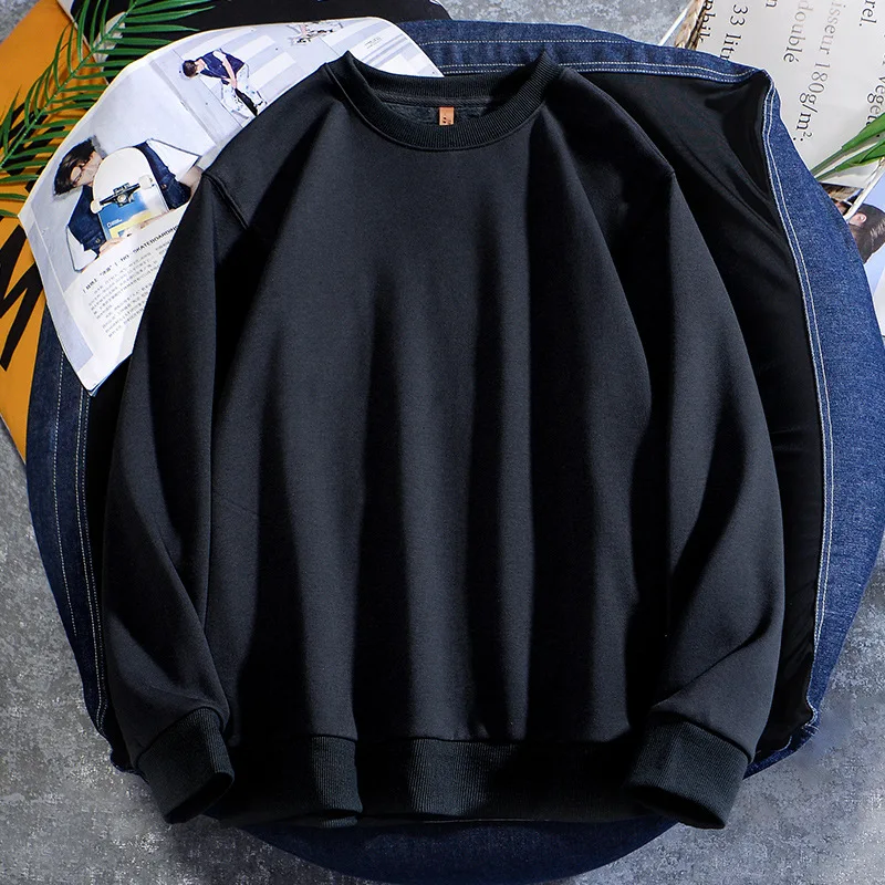 

New High Street Trend Simple Men Autumn And Winter Solid Color Loose Thickened All-Match Drop Shoulder Round Neck Sweatshirt