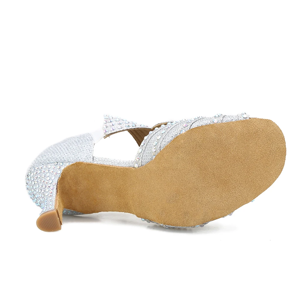 Silver Rhinestones Satin Latin Ballroom Dance Shoes Salsa Dance Shoes Tango Bachata Dance Shoes Ballroom Dancing Shoes